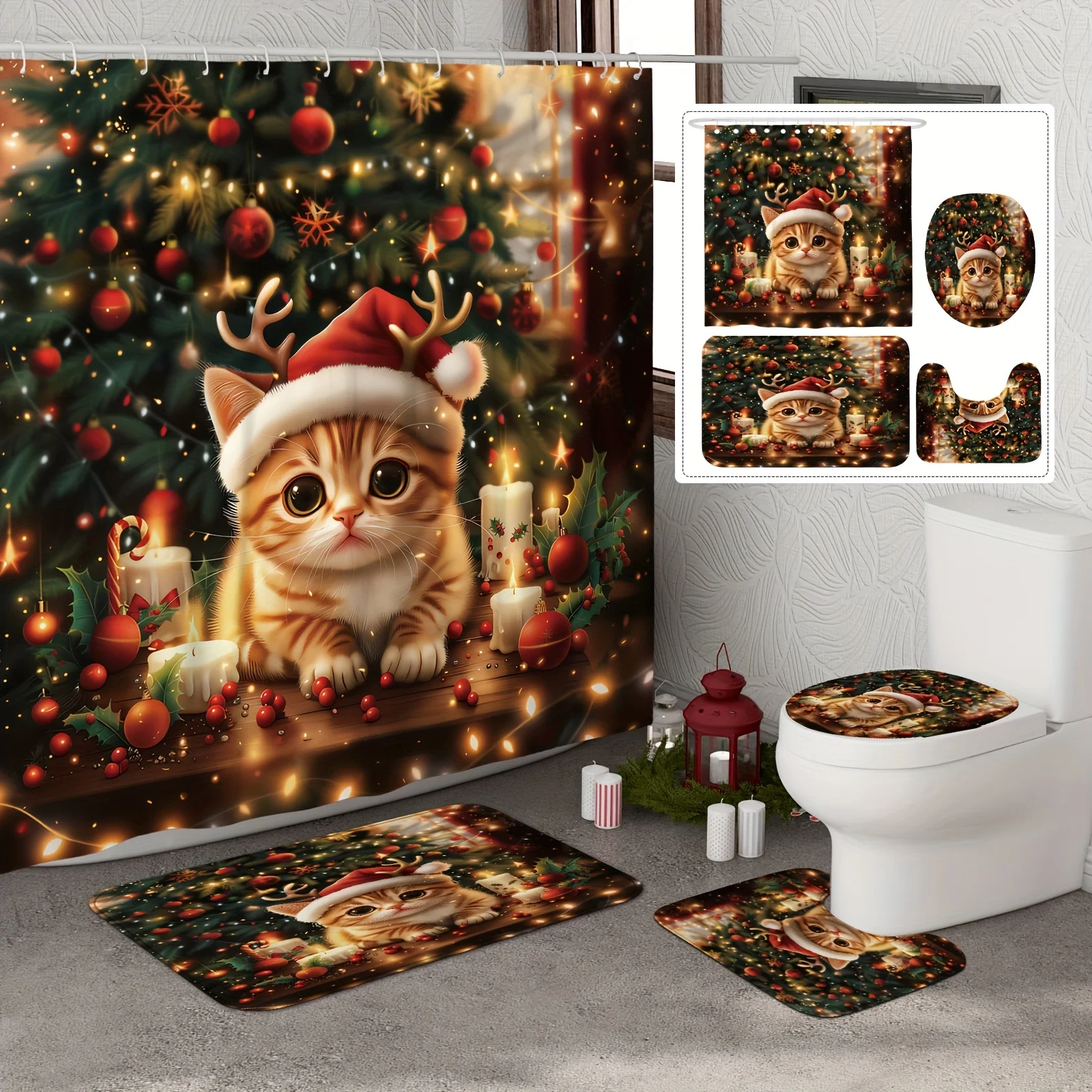 4PCS Christmas Cat & Reindeer Shower Set,Green Yellow Holly Bell Ball Print 12 Hooks Non-Slip Mat U-Seat Cover Holiday Decor