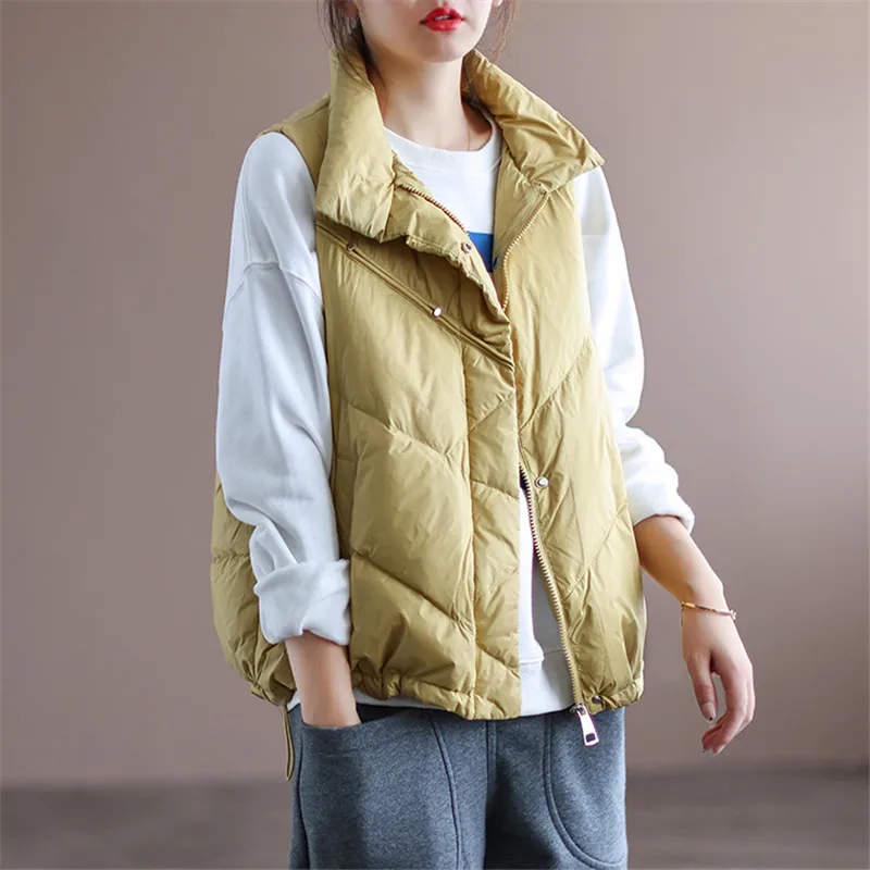 Inverno caldo piumino gilet Jakcet donna leggero sottile bianco piumino d'anatra parka femminile colletto alla coreana gilet senza maniche serbatoio allentato