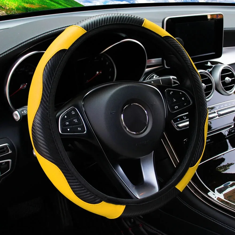 PU-Kohlefaser-Leder Lenkradbezug ohne Innenring, geeignet für 14,5-15 Zoll, passend für die meisten Fahrzeuge wie Limousinen, SUVs, LKWs. – Detail 7
