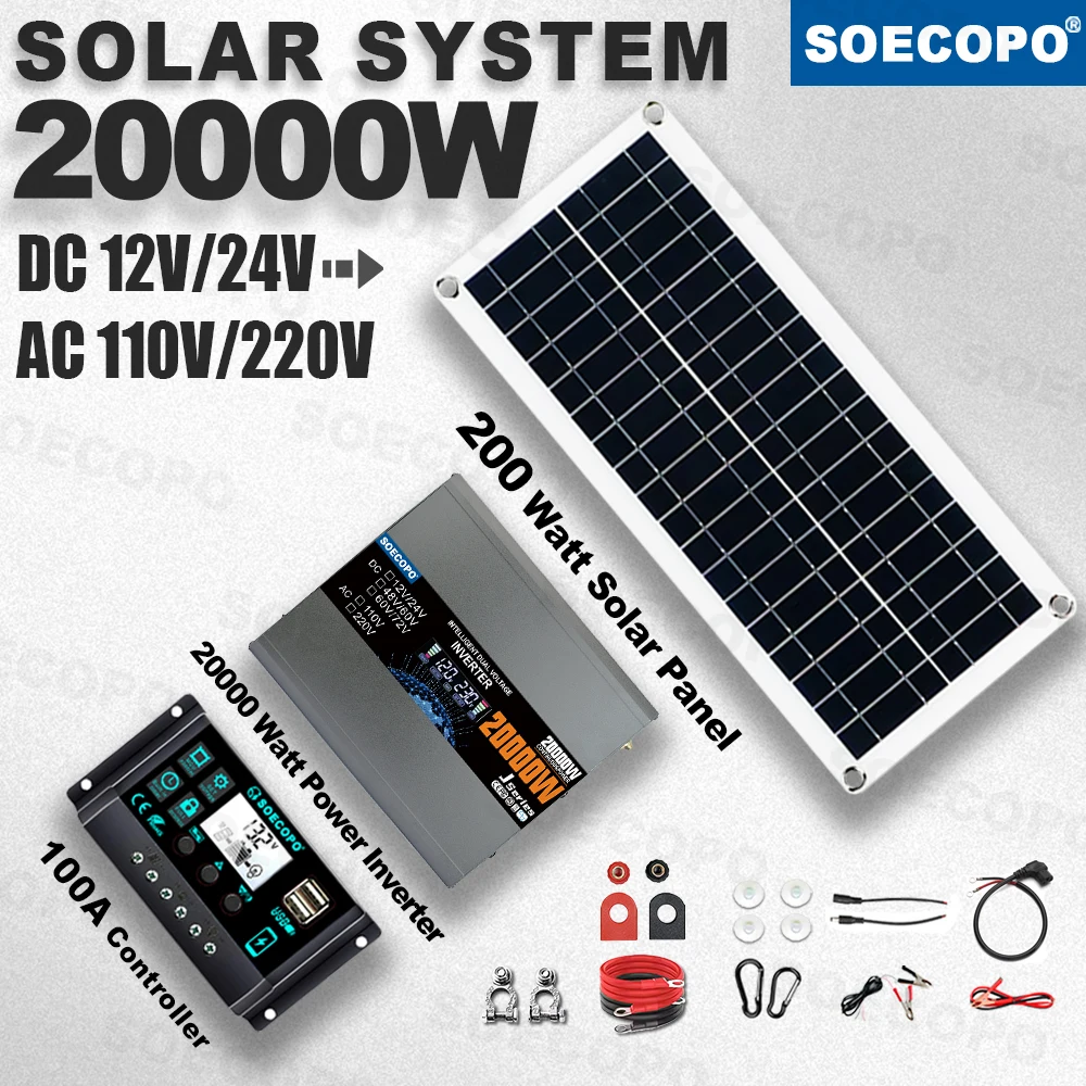 

SOECOPO 20000W Peak Solar System Kit 200W Panel 100A Controller 12V/24V To 110V 220V Inverter Generator for Camp Home Charger