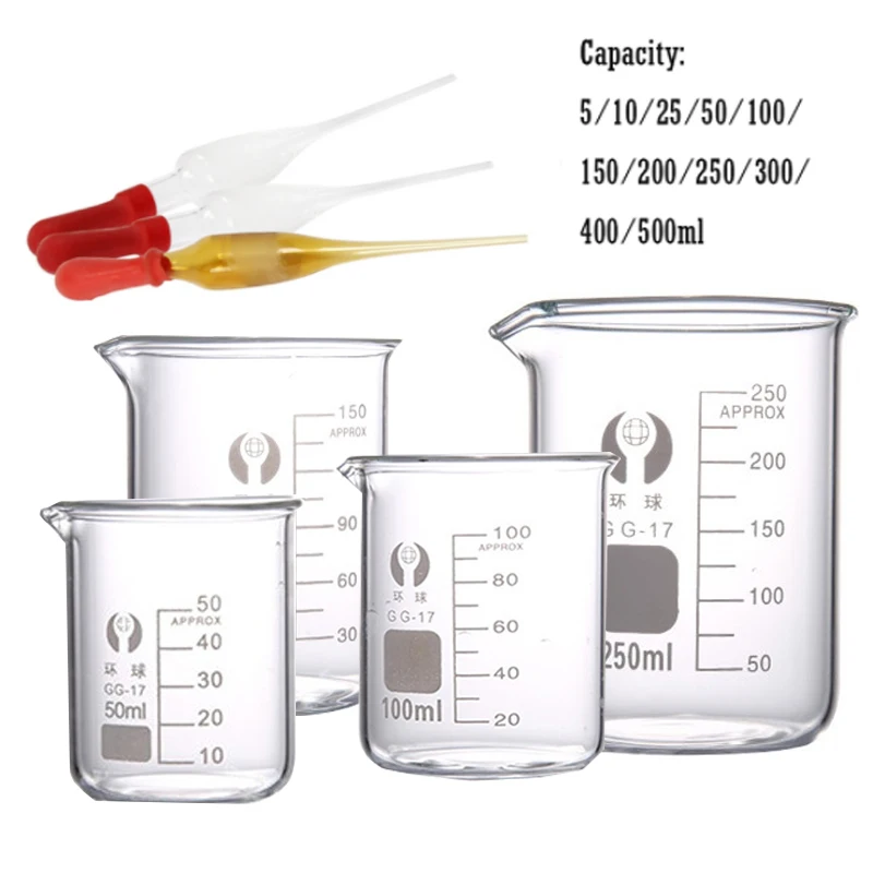 50ml- 500ml Borosilicate Glass Low Form Beaker with 30ml Glass Dropper Chemistry Lab Heavy Wall