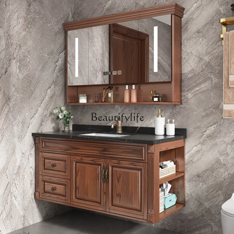 

LJYIntelligent American wall cabinet red oak washstand ceramic integrated basin rock slab bathroom cabinet combination