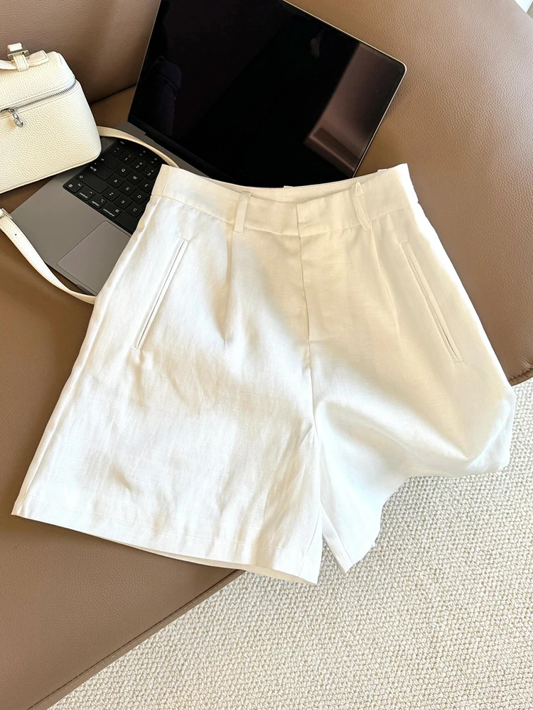 

Белые льняные шорты с широкими штанинами для женщин, летние, легкие, удобные, А-силуэта, в корейском стиле, с высокой талией, прямого кроя