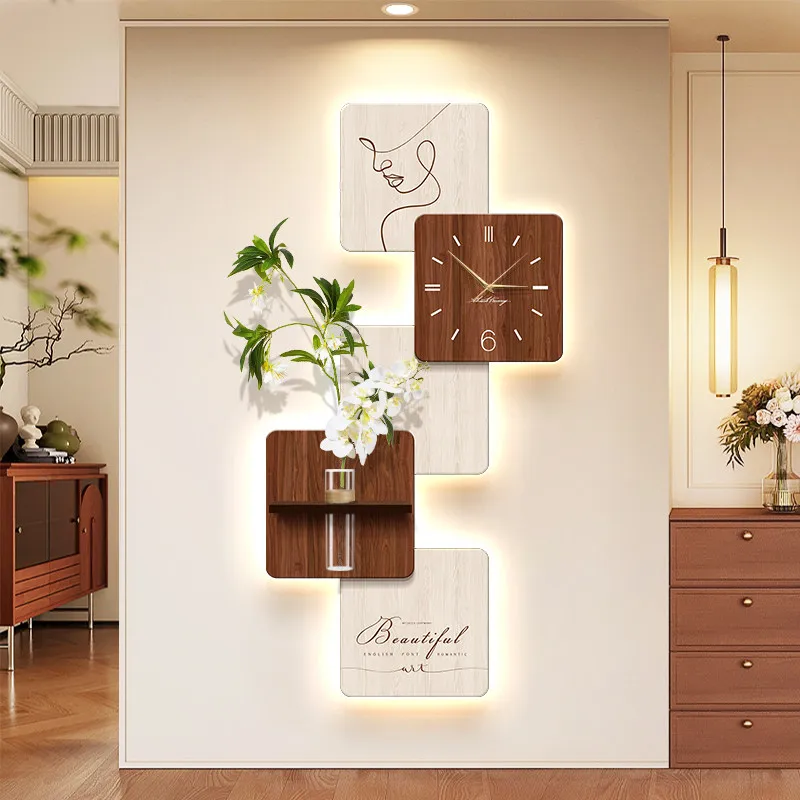 Luxury Hydroponics Green Plant Entrance LED Wall Clock Living Room Mute Number Clock Corridor Mural Lamp Hang Clock Home Decor