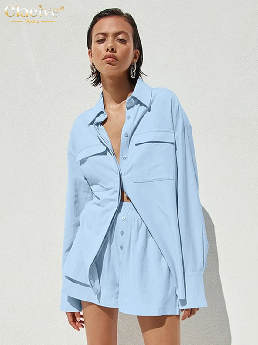 

Clacive Casual Loose Blue Cotton Women's Two Pieces Set 2025 Elegant Long Sleeve Shirt With High Waist Shorts Set Streetwearv