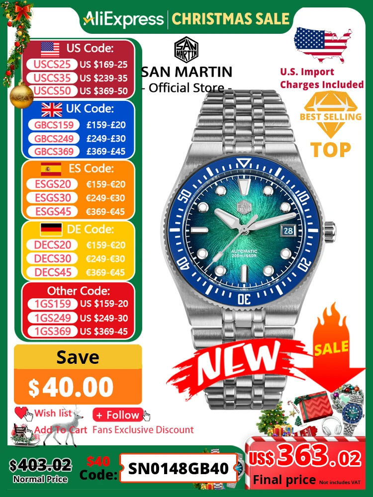 

San Martin 40mm Enamel Spiral Dial Integrated Bracelet Men Diver Watch Miyota 9015 Automatic Mechanical Waterproof 200m SN0148