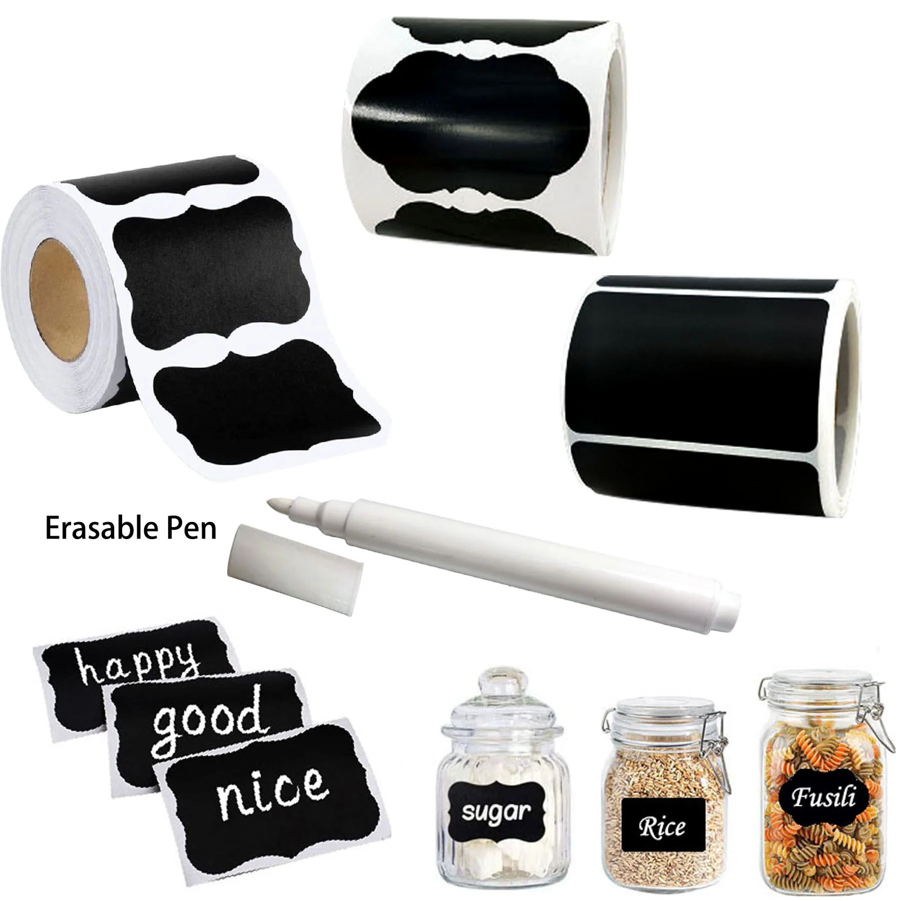 

120Pcs/Roll 3 Styles Removable Blackboard Stickers With Erasable Pen Waterproof Chalkboard Labels 1.4*2.2in for Home & Kitchen