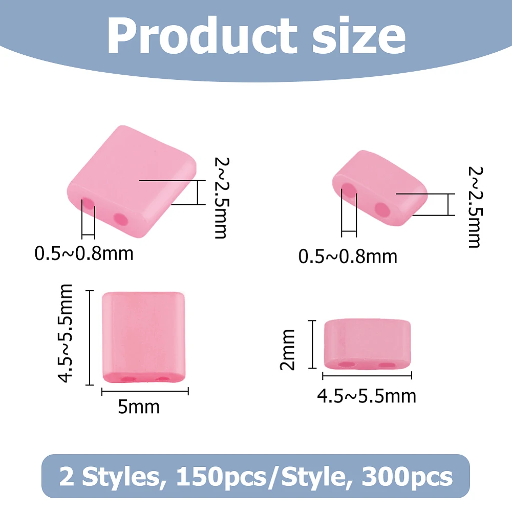300pcs 2Sizes 2-Hole Glass Pink Flat Square Seed Beads Rectangle Mini Beads Loose Spacer Beads for Bracelet Necklace