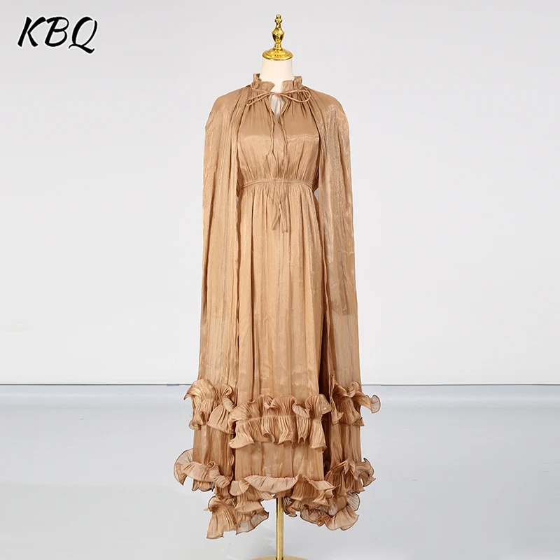 

KBQ Solid Elegant Spliced Folds Cloak Dresses for Women Stand Collar Sleeveless High Waist Temperament Ruffles Hem Dress Female