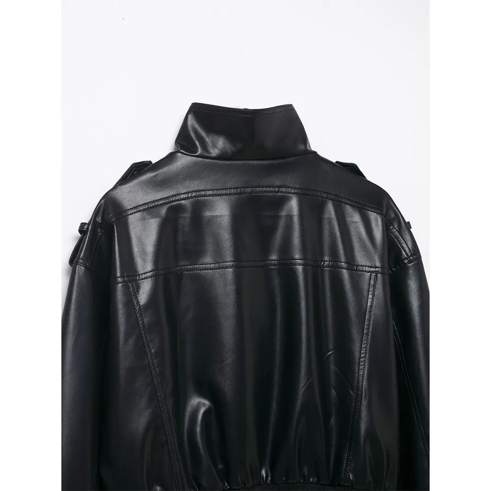 DUOPERI أزياء نسائية مع جيوب سترات سوداء من البولي يوريثان عالية الشارع برقبة عالية وأكمام طويلة معاطف نسائية أنيقة وأنيقة للسيدات