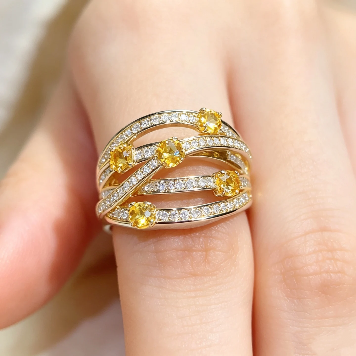 Natural Yellow Sapphire 925 Silver Ring with Certificate Elegant Multi-layer Cross Design Gemstone Jewelry for Daily Wear