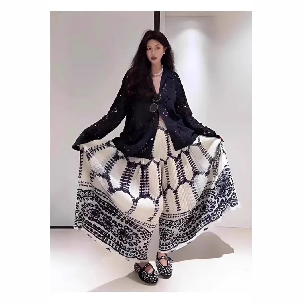 مياكي مطوي السراويل واسعة الساق للنساء نمط العرقية المألوف ومتعدد الاستخدامات المطبوعة عالية الخصر تدلى سراويل تقليدية