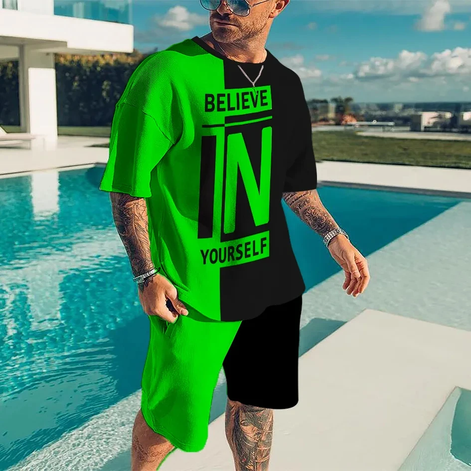 Nowy letni dres męski uwierz w siebie t-shirt zestaw szortów strój sportowy odzież do joggingu odzież typu Oversized Outdoor Streetwear