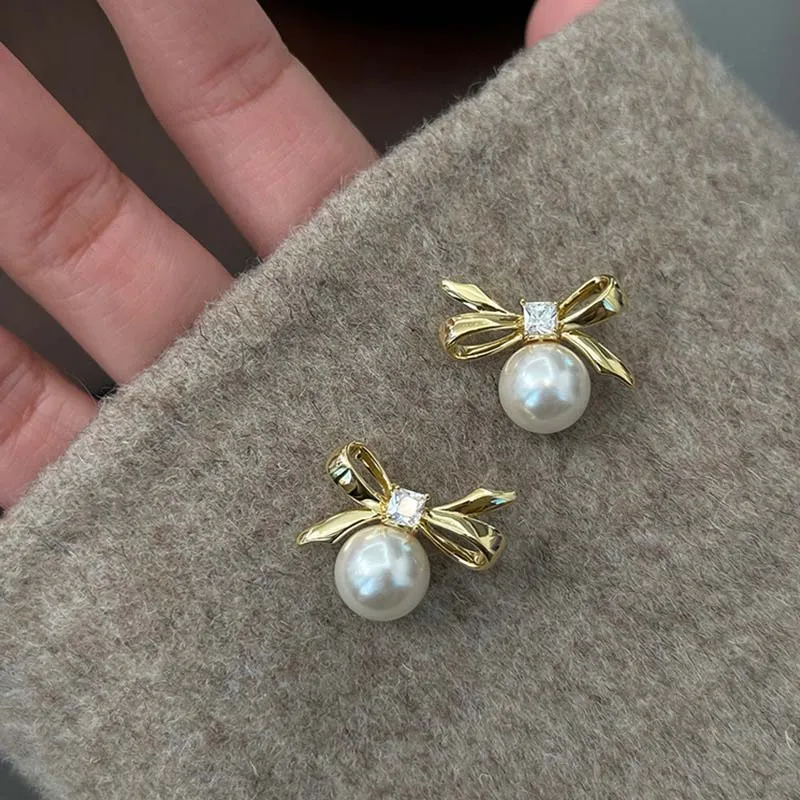 موضة فضية اللون الزركون اللؤلؤ Bowknot وأقراط للنساء الحد الأدنى لطيف اللؤلؤ مزاجه القرط مجوهرات الزفاف هدية #4