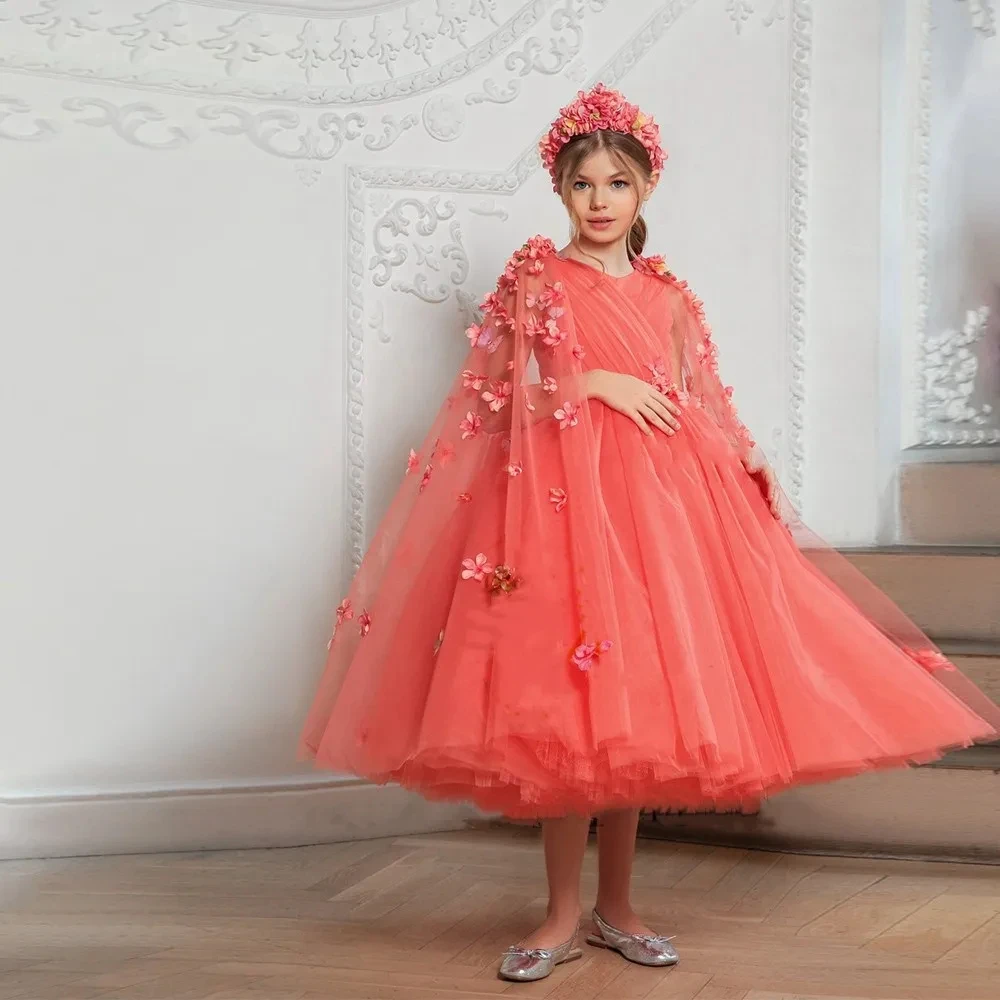 Tulle Flower Girl Dress For Wedding With Cape 3D Applique Kids Birthday Party Pageant Ball Gowns