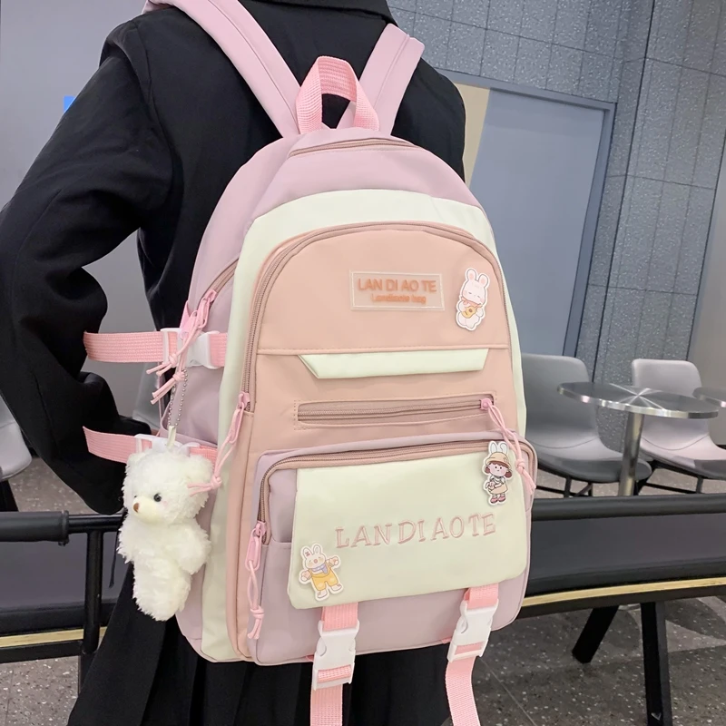 Fashion Kawaii Schoolbag for Teenage Waterproof Nylon Girls Bagpack Cute Women Laptop Backpack Travel Bag Black Pink Bookbag