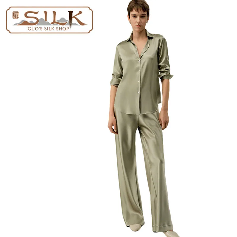 

Natural Silk Women's Set - Long-Sleeved Shirt and Pants 2-Piece - Simple Style, Elegant, Casual, Comfortable, High-End Clothing