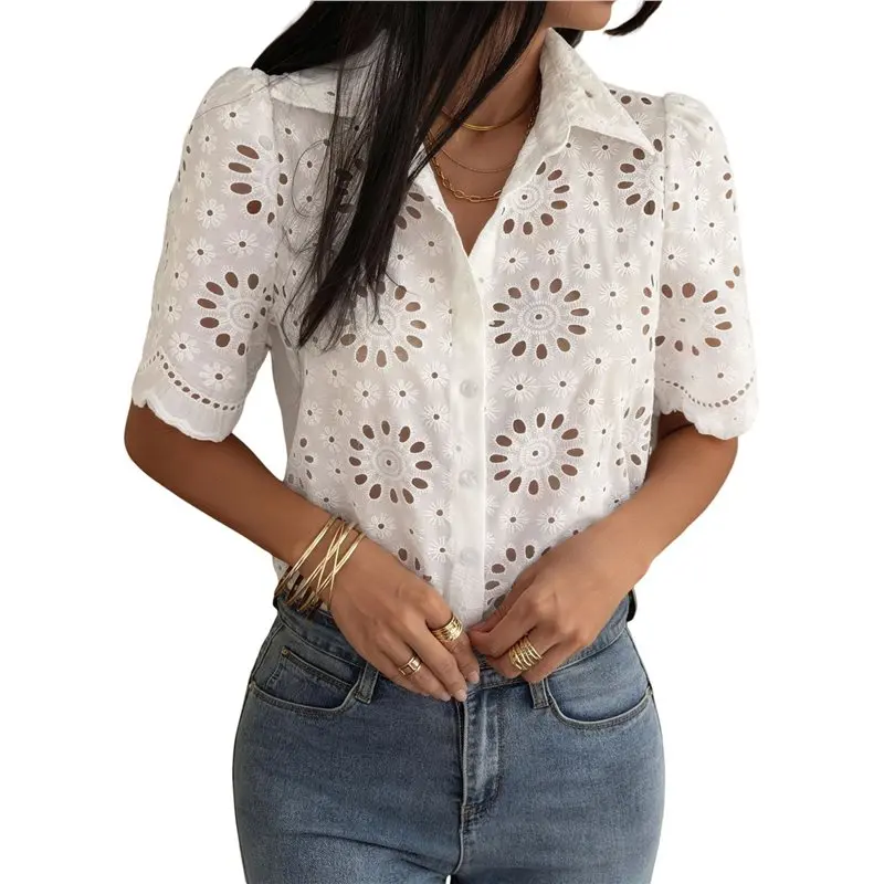 NEW-Womens Collared Eyelet Floral Embroidery Scalloped Hem Short Sleeve Blouse