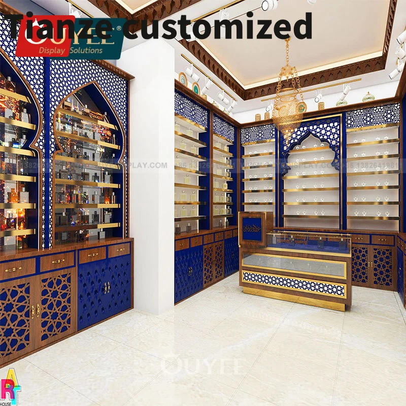 Customized-luxury perfume interior showroom Arabic fragrance display wooden perfume display shelf Wall perfume glass displa