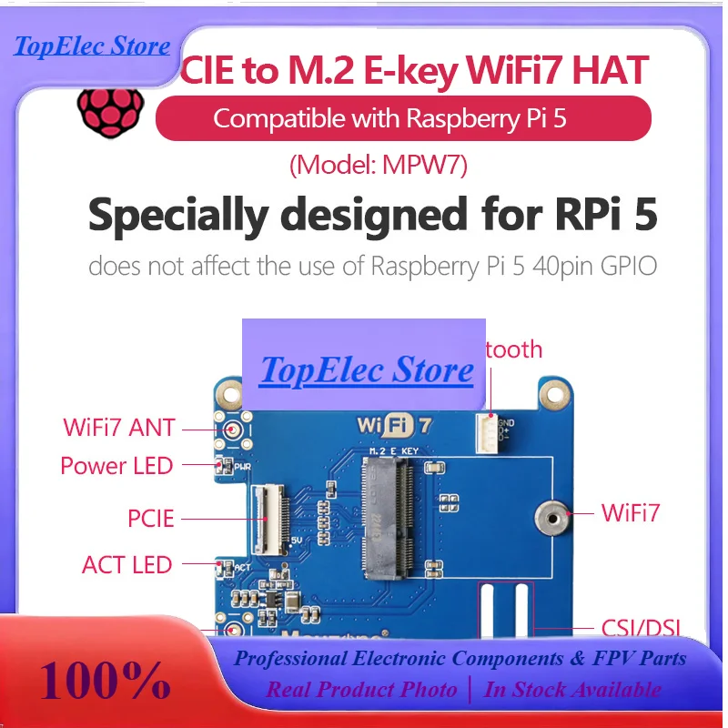TopEs(Model:MPW7) PCIe To WiFi7 Expansion Board For Raspberry Pi 5, Support BE200,WiF6E AX210,AX200, Compatible With AI Google T