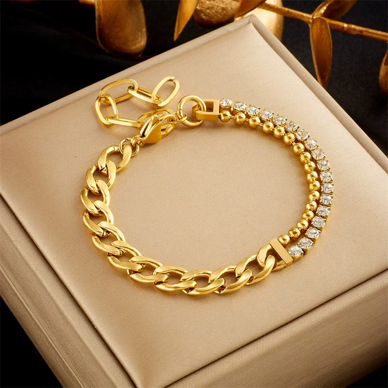 

18K Gold Plated Cuban & Tennis Chain Bracelet, Dual-Link Design with Clear CZ, Stainless Steel Hip Hop Statement Jewelry