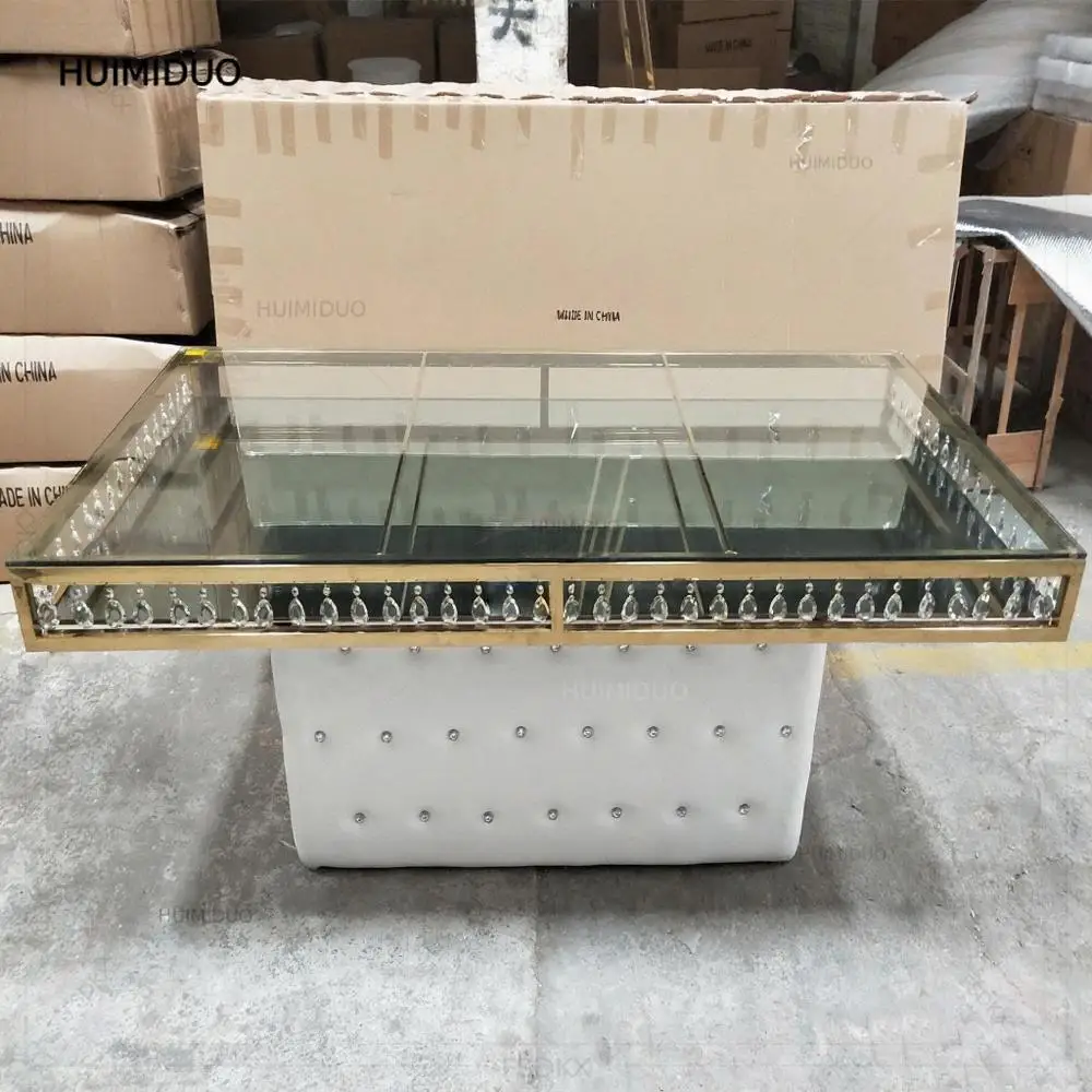 180x90x75cm Luxury Gold Stainless Steel Table Bride and Groom Wedding Table With Laether Pendants