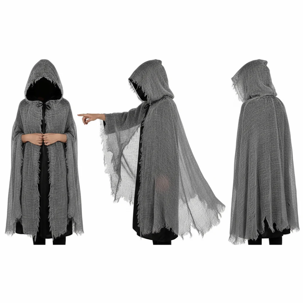 Hooded Design Halloween Cloak Ripped Texture Tattered Fabric Halloween Cosplay Cape Exaggerated Style Unisex