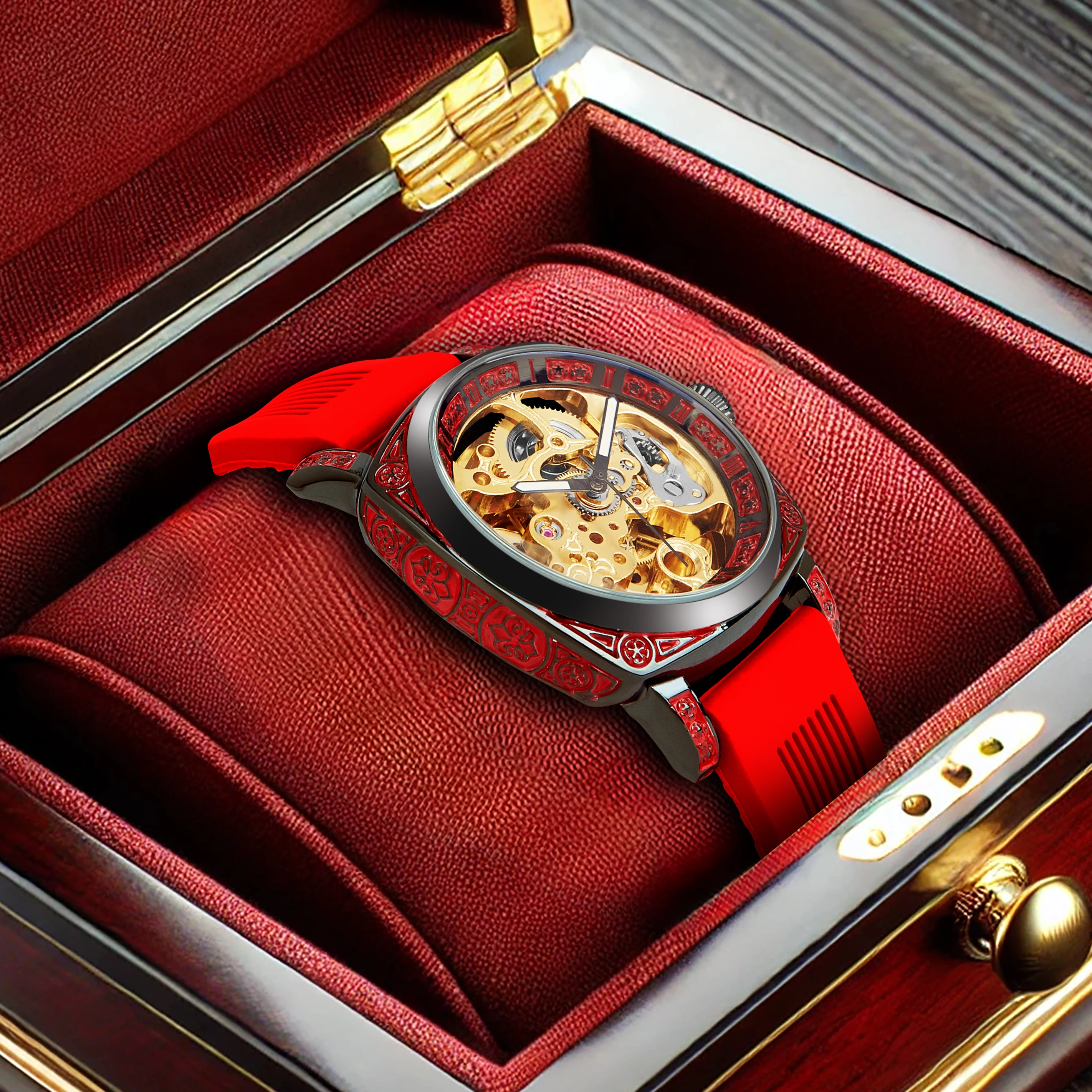 

Новые женские часы с золотисто-красной лентой, повседневный стиль, элегантный ночник, резные цветы, полностью автоматические механические часы