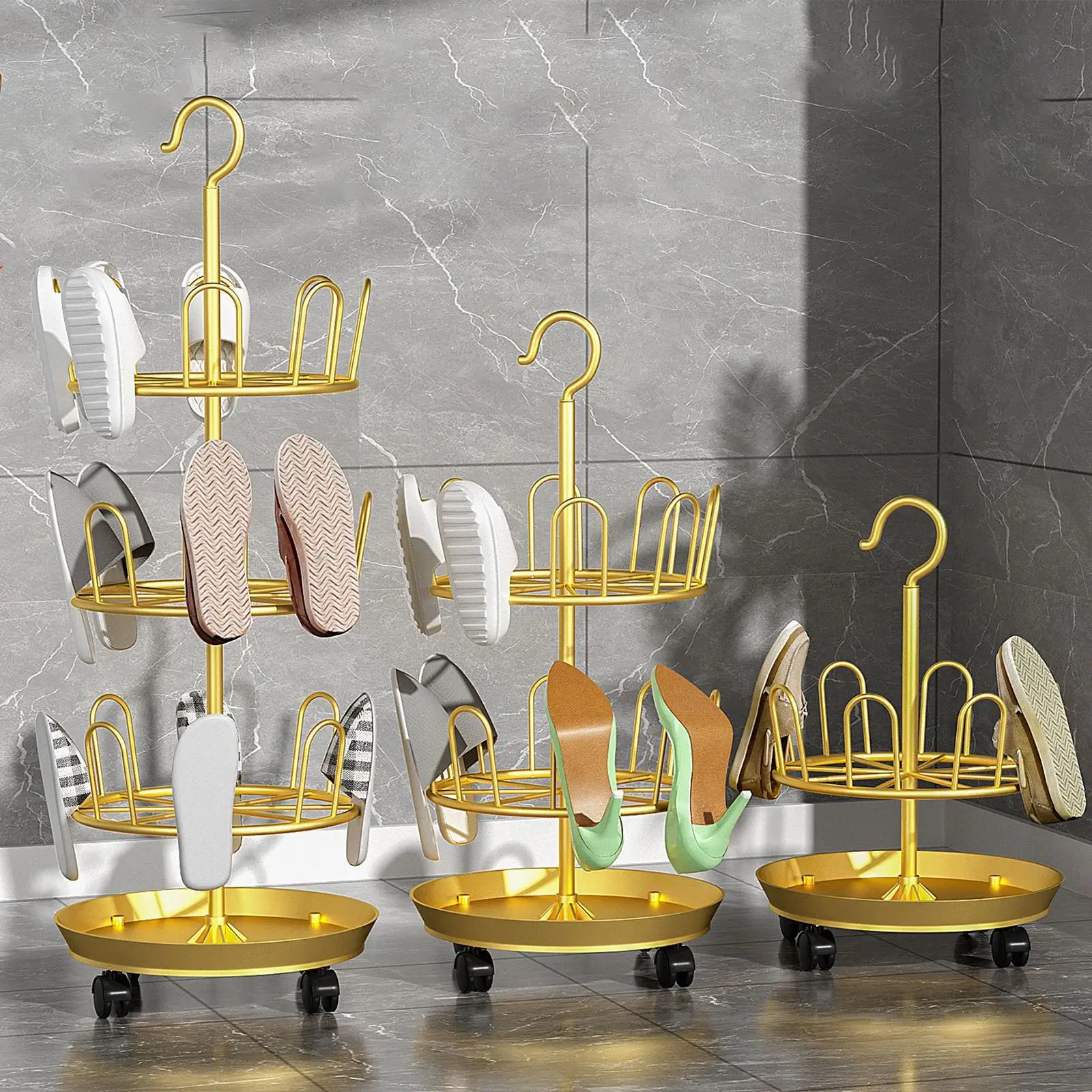 Metal Revolving Shoe Organizer Rack Circular Standing Tree with Hanging Hook Rotating Drying Shelf Multipurpose Lightweight for