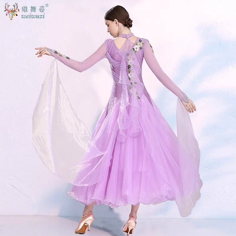 فستان أداء الرقص الحديث خرز مخيط يدويًا أرجواني بأكمام طويلة فستان الفالس التانغو زي البطولة الدولية #3