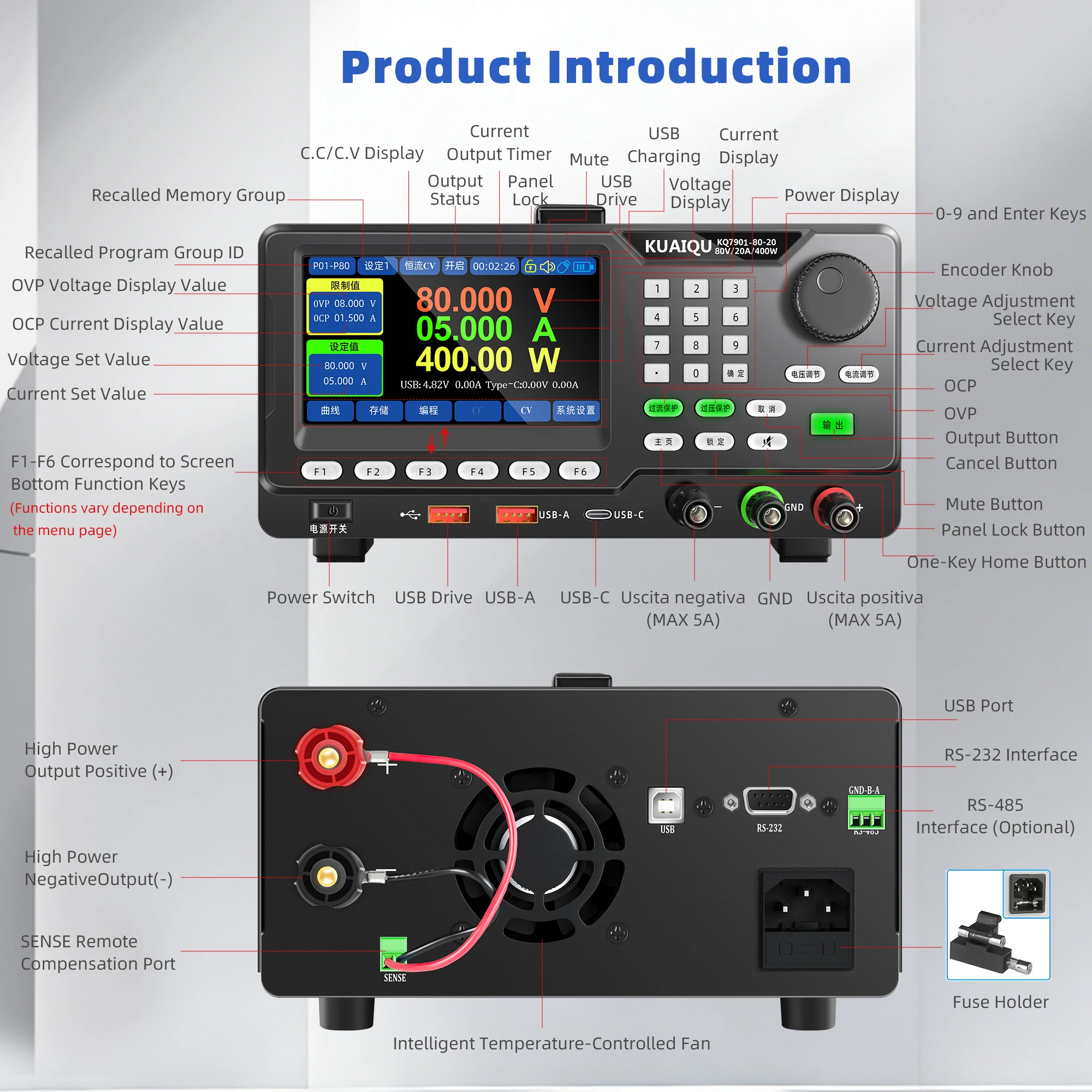 Factory KQ7901-80V20A 400W Curve Display 100 Data Storage Sets Programmable Control Forced Constant Voltage Lab Testing