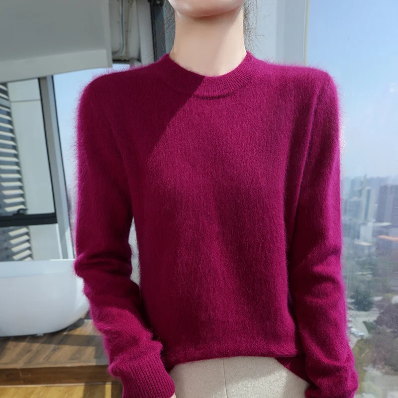 Flat Round Neck Pure Cashmere Sweater Women\'s Long Sleeve Tops 2024 Autumn and Winter Warm Loose Knit Pullover Solid Color Base