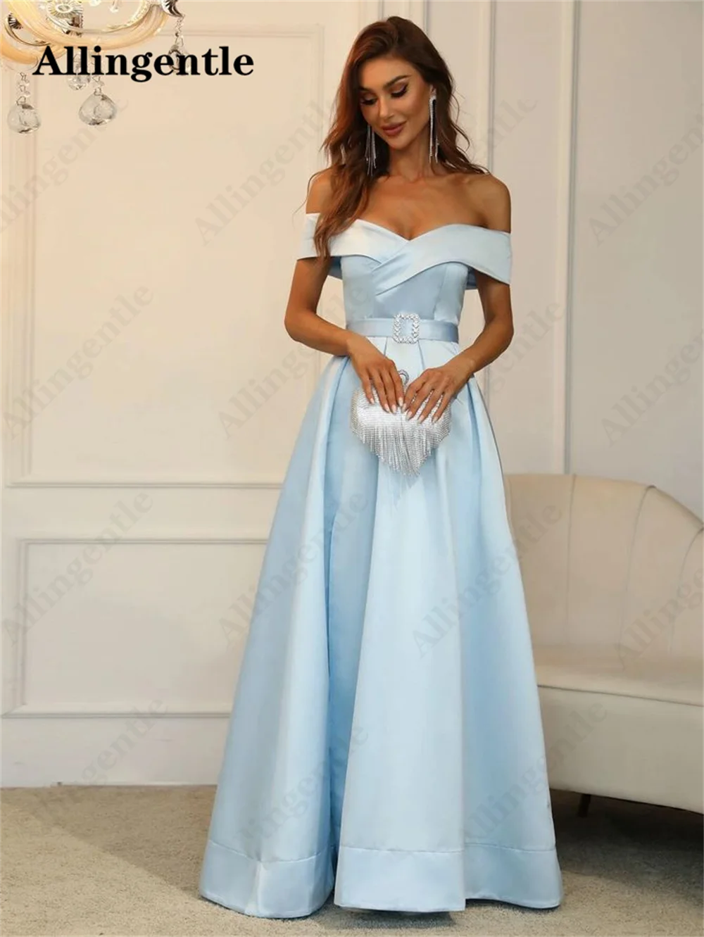 Allingentle Sky Blue Off Shoulder Satin Graduation Evening Dress for Women Side Slit Elegant A Line Prom Party Gown Floor Length