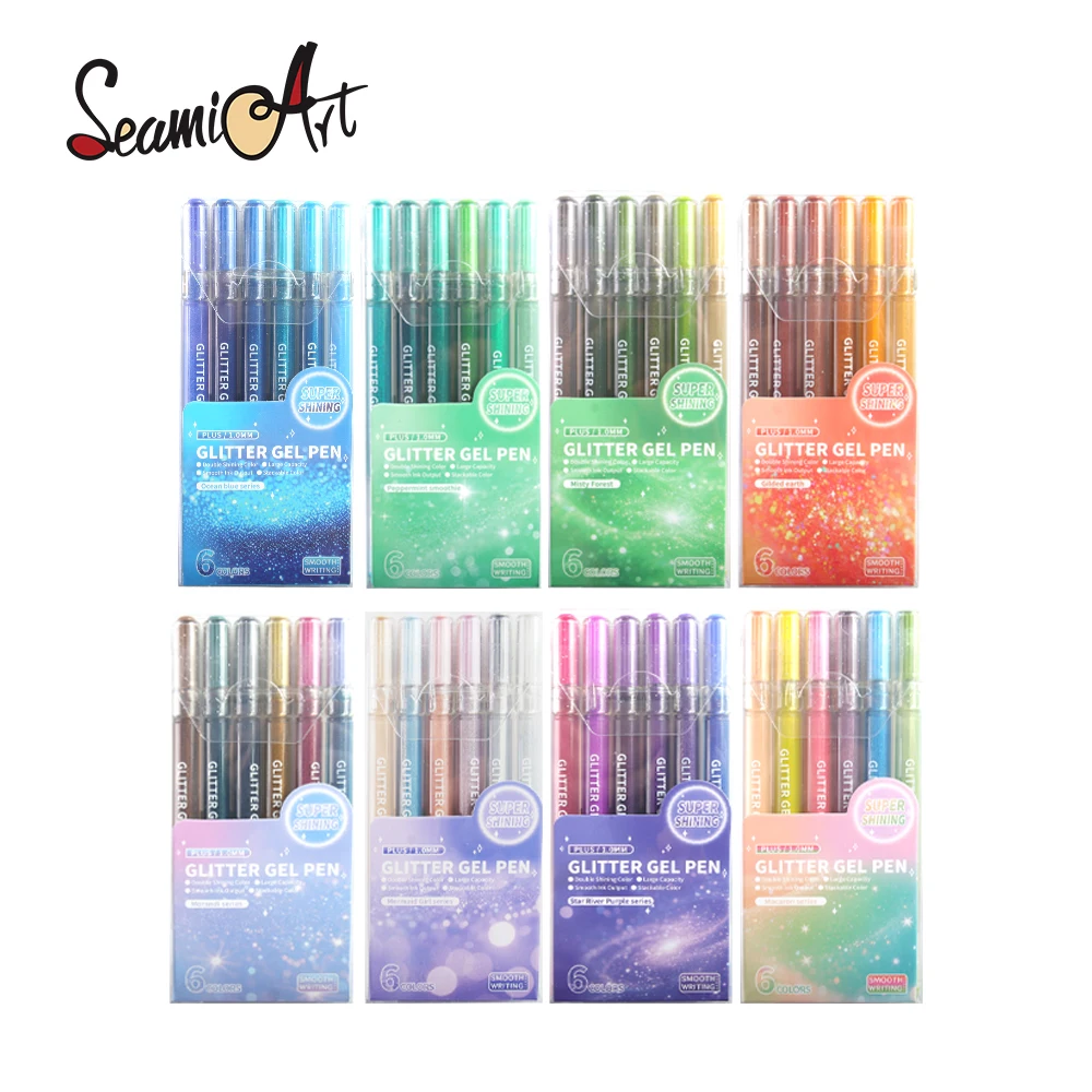 

SeamiArt 6pcs/set Glitter Gel Pens 1mm Bullet Tip Large Capacity for Student School Supplies Stationery