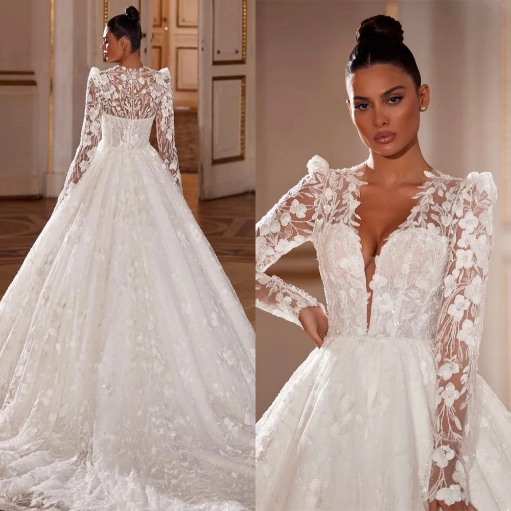 

Customized Exquisite White Organza Wedding Dress Delicate V-neck Long Sleeves Vestido De Novia Classic Zipper Back Bridal Gowns