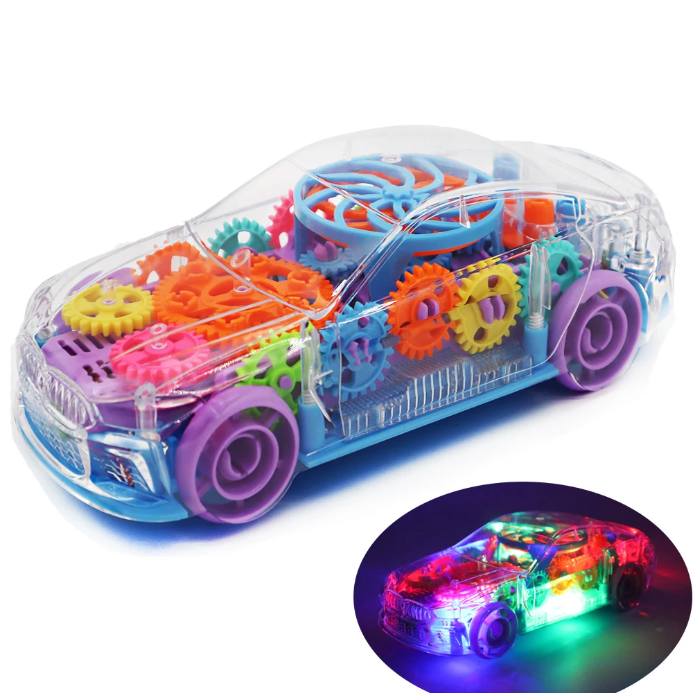 Battery Operated Race Car Transparent Concept Car Electric Universal Gear Car Model Light Music Car Toy Kids Toddlers Gifts