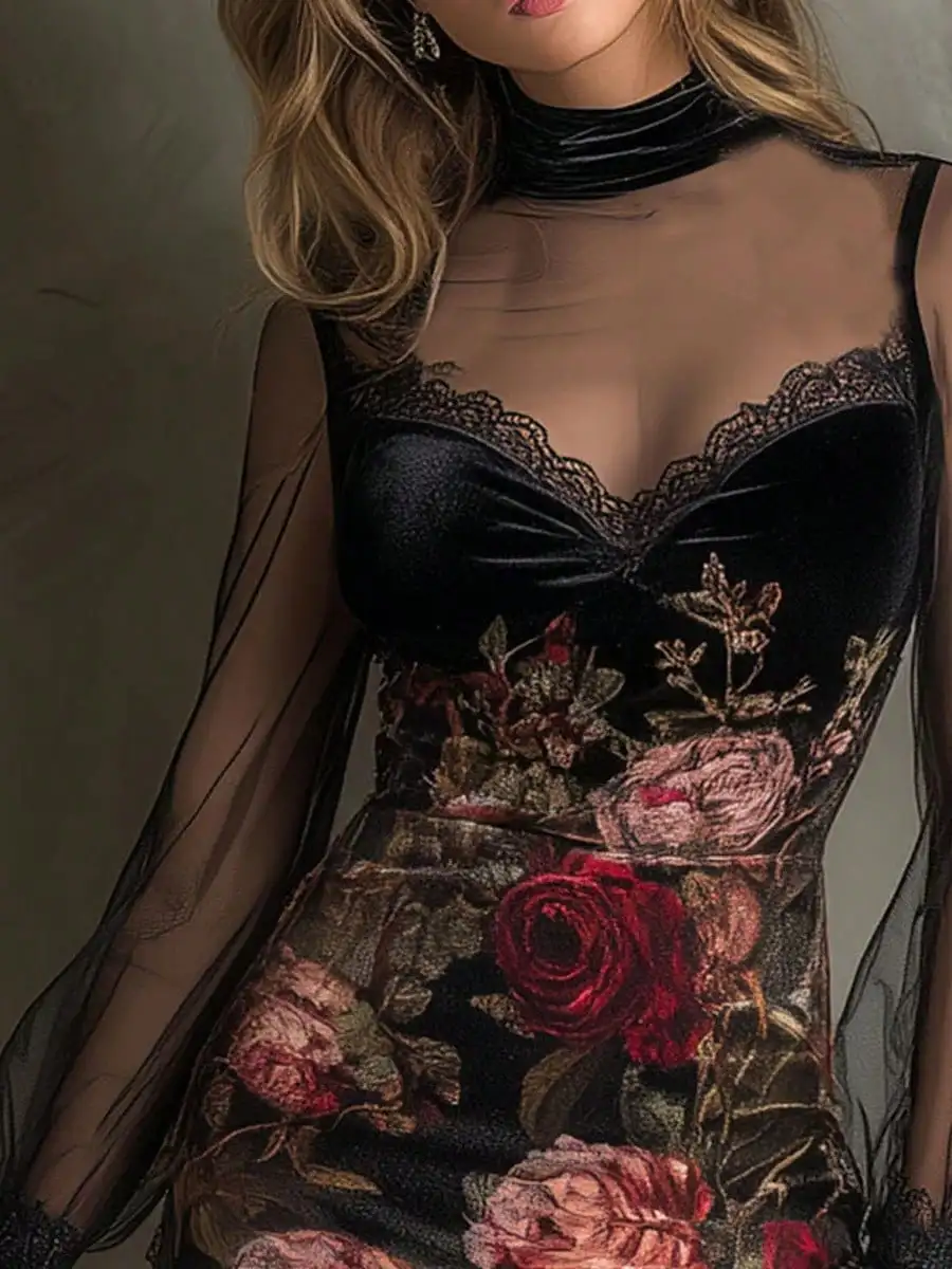 

Черное бархатное мини-платье с цветочным принтом, прозрачными сетчатыми рукавами и кружевной отделкой