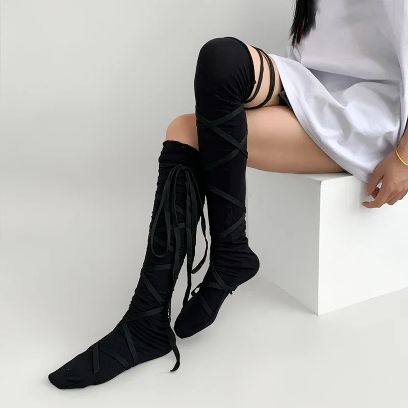 Women's Punk Strappy Ballet Calf Socks Gothic Lolita Tie-Leg Stockings with Bow Accents Japanese Jk Cosplay Knee-High Thin Socks
