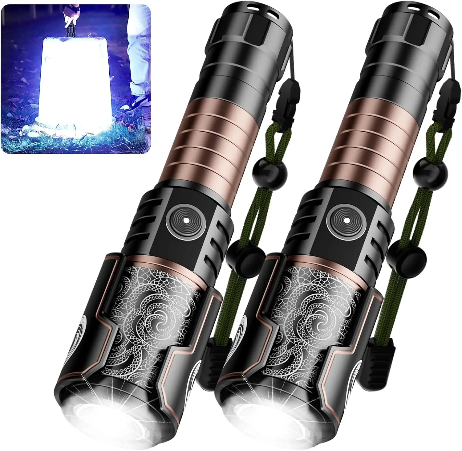 

2 Pack High Lumens Tactical Flashlight LED Zoomable with Ignition Lens, 6 Modes, IPX6, Rechargeable, for Hunting & Storm