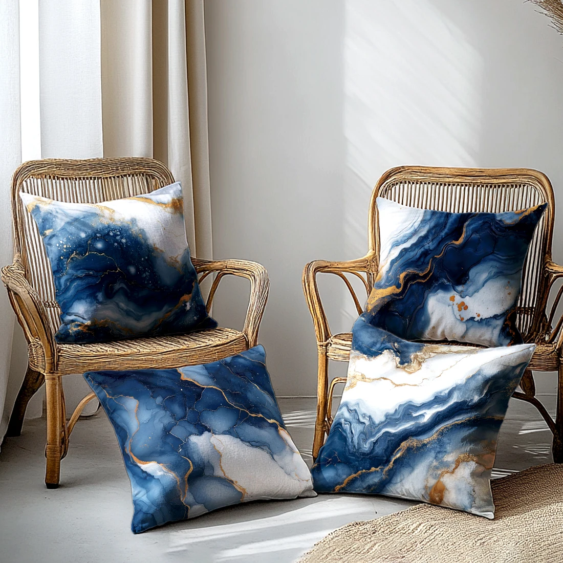 4/1PCS Blue-Gold Marble Pattern Decorative Throw Pillow Cover,45x45cm, Soft Comfortable, for Living Room Sofas and Bedroom Decor