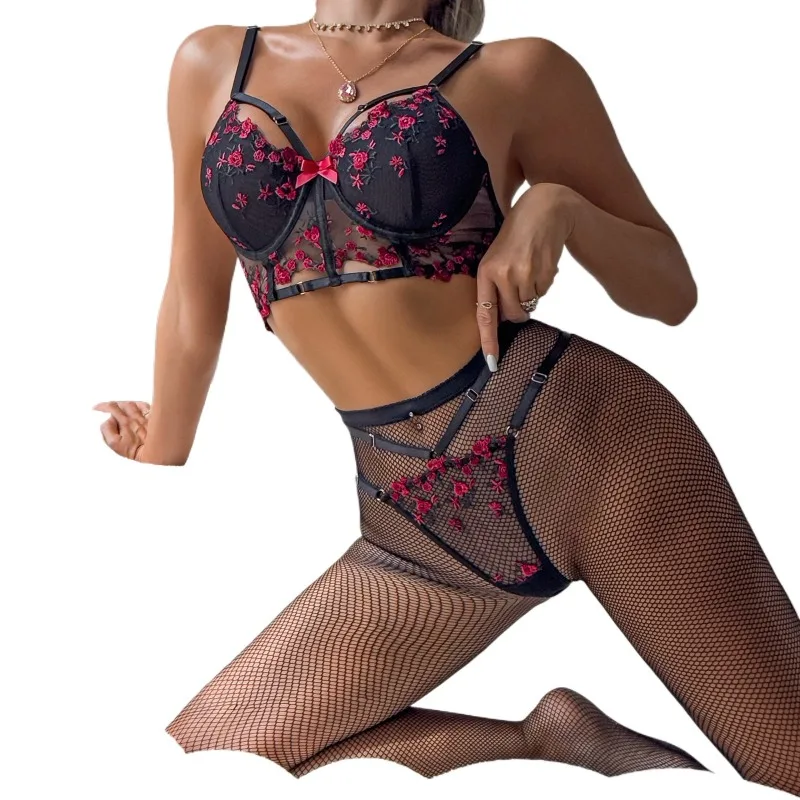

Toucheart сексуальное нижнее белье с вышивкой, костюм для женщин, сетчатое лоскутное прозрачное женское нижнее белье из 3 предметов, колготки