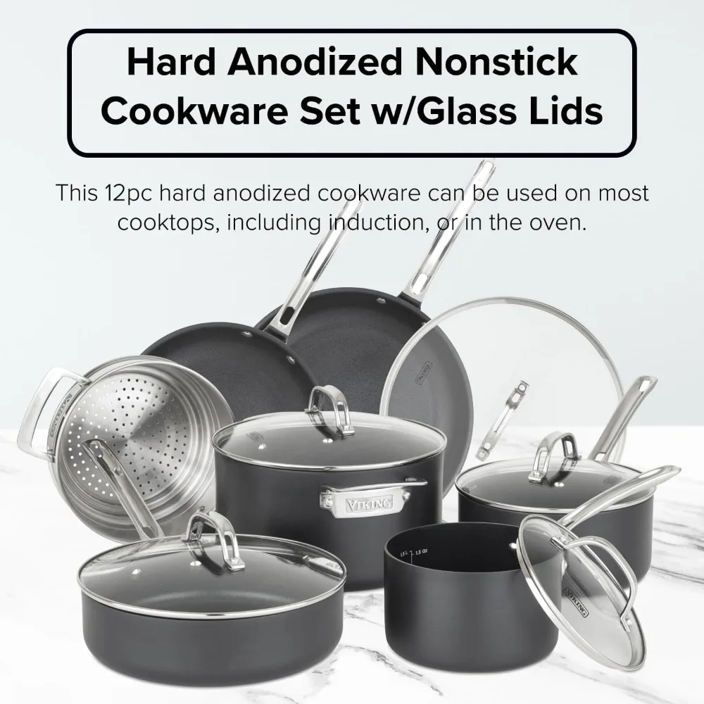 

Pots and Pans Set Non Stick, 12 Piece Hard Anodized Kitchen Cookware with Glass Lids, Black