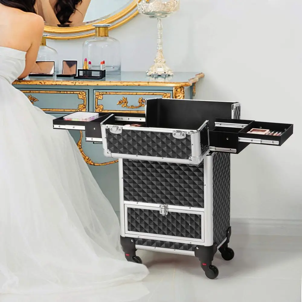Portable Makeup Train Case with Nail Trolley - Black/Silver | Durable ABS, Organizes Supplies, Smooth Rolling, Lockable for Trav