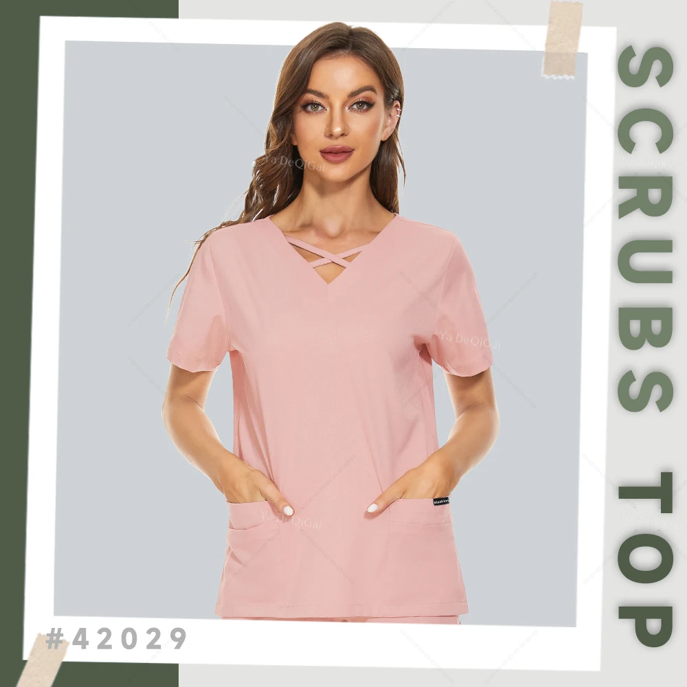 Nurse Women Jogger Blouse Beauty Salon Pet Shop Work Shirts Short Sleeve Pocket Medical Scrubs Top Female Clinic Uniform