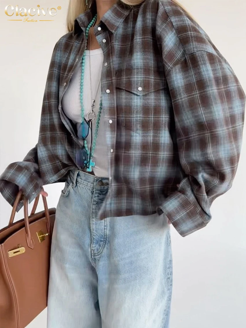 

Fashion Loose Plaid Women's Blouses Elegant Lapel Long Sleeve Office Shirts Vintage Classic Top Female Clothing