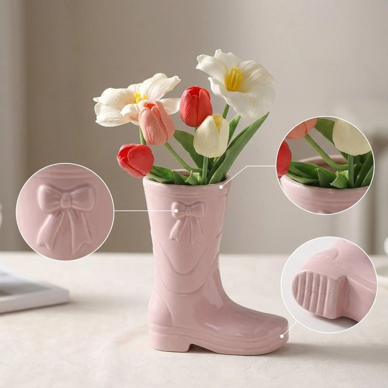Unique Ceramic Boot Shaped Flower Vase Pink Decorative Pot for Girl Room Luxury Home Decoration