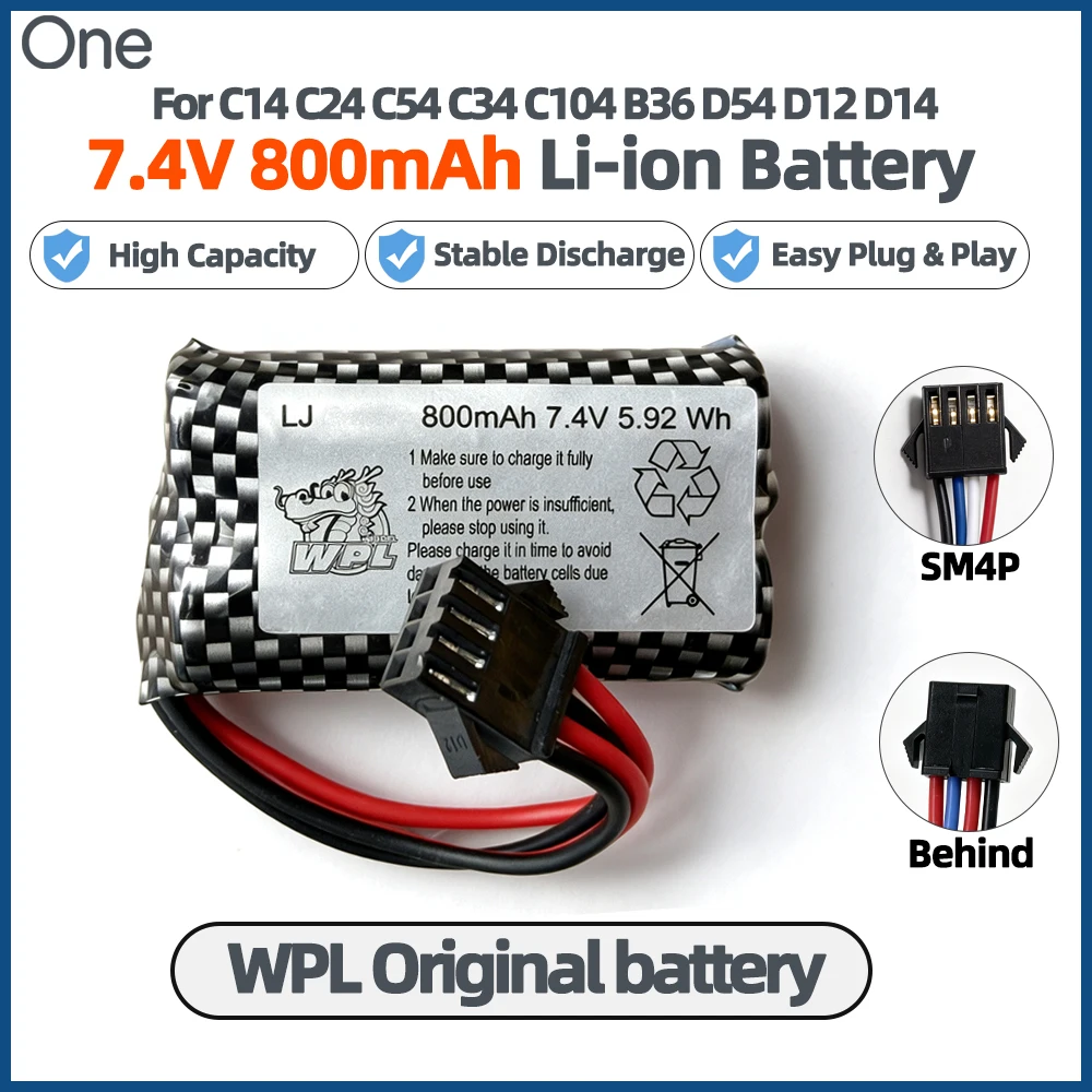 SM4P 7.4V 2S 800mAh 10C WPL Original battery Li‑Ion Rechargeable Battery Pack RC Upgrade Accessory for WPL C104 C94 C54 D12 D14