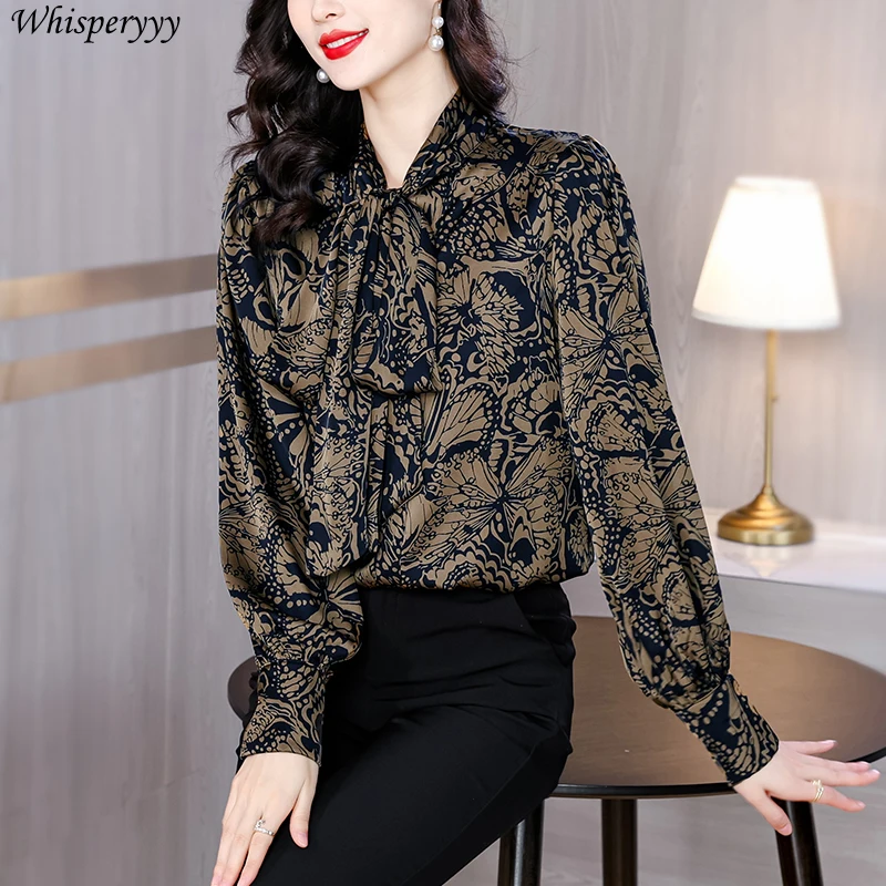 Elegant Pullover Shirt Women Clothes Spring New Loose Temperament Blouse Printed Tops Female Vintage Stand Collar Camisa Femme