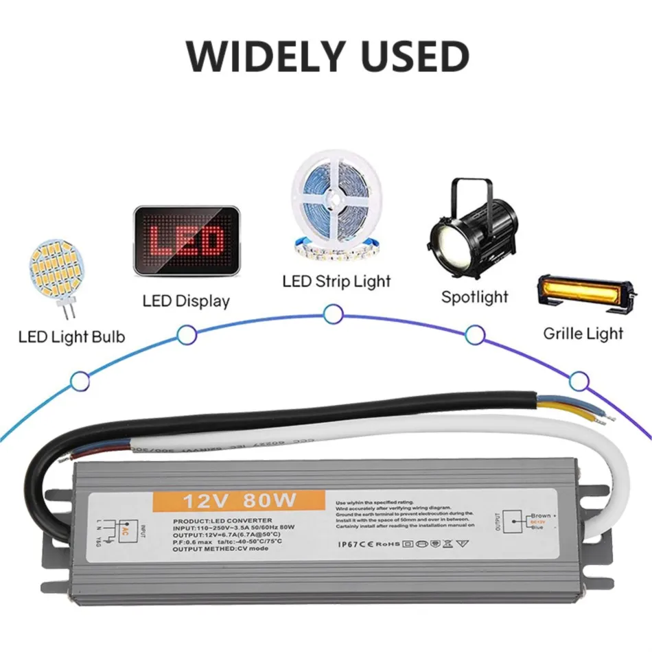 Trasformatore di illuminazione 110-250V AC a DC 12V 80W 6.7A adattatore Driver LED alluminio esterno IP67 alimentatore Switching impermeabile