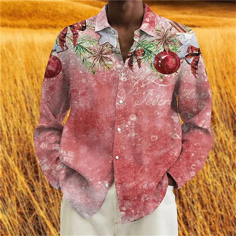 2023 Christmas Shirt Men Christmas Pattern 3D Printing Single Breasted Lapel New Year Shirt Christmas Snowman Long Sleeve Shirt